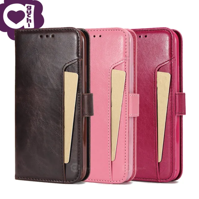 Apple iPhone X/Xs 頂級皮質瘋馬紋後扣皮套-棕粉桃