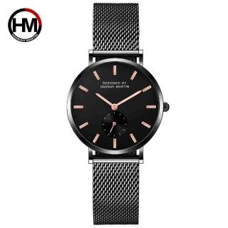 【HANNAH MARTIN】寂靜黑極簡小秒針盤設計米蘭帶腕錶-黑/36mm(HM-2138H-WFH贈小羊皮錢包)