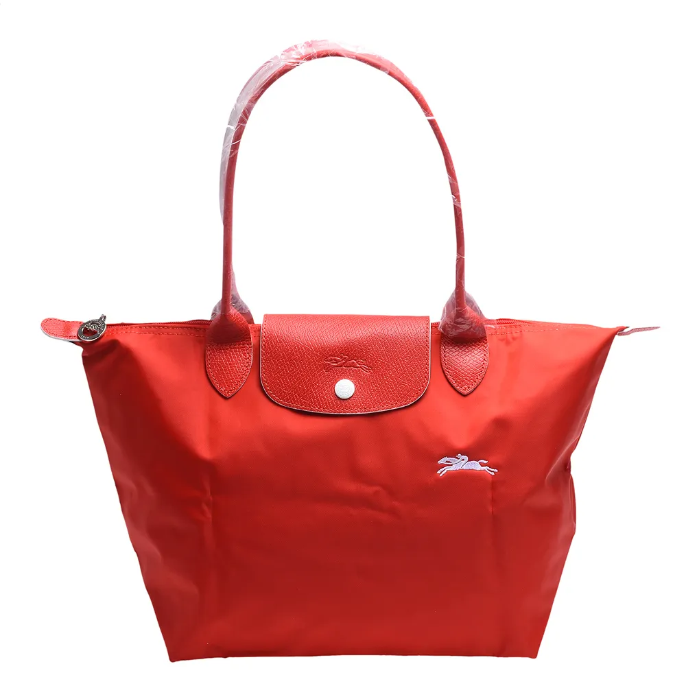 【LONGCHAMP】經典LE PLIAGE系列刺繡摺疊長提把水餃手提包(小-朱紅色2605619-P20)