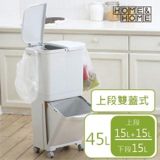 【日本 RISU】直立雙層分類附輪(雙蓋)式垃圾桶 45L