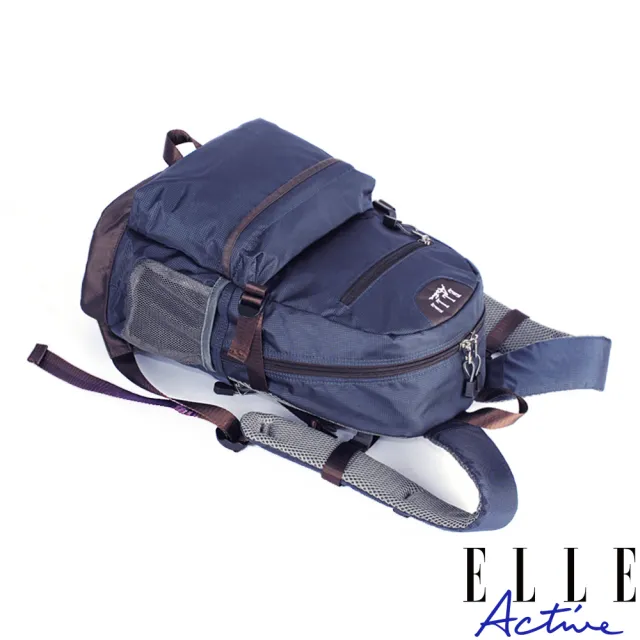 【ELLE active】格紋系列-後背包-中-深藍色