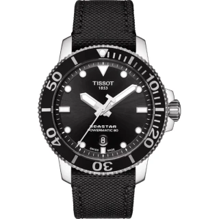 【TISSOT 天梭】水鬼 Seastar 海洋之星陶瓷潛水80小時機械錶-黑/43mm 送行動電源(T1204071705100)