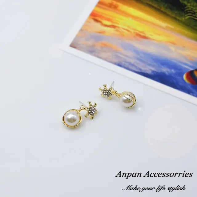 【Anpan】925銀針韓東大門網紅同款雪花鑽釘珍珠金線耳環