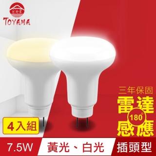 【TOYAMA特亞馬】LED雷達感應燈7.5W 插頭型 4入組(白光、黃光)