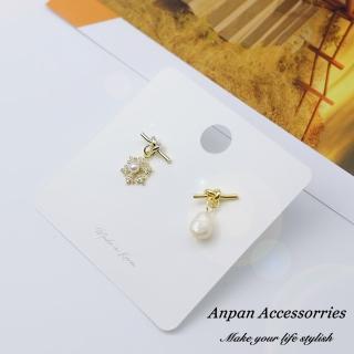 【Anpan】925銀針韓東大門設計師款不對稱雪花珍珠永結同心耳環