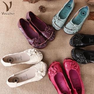 【Vecchio】真皮頭層牛皮手工立體花朵低跟舒適單鞋(5色任選)