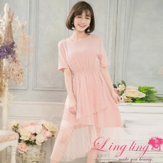 【lingling】圓領網紗下擺不規則剪裁設計短袖連身洋裝PA4121(共二色)