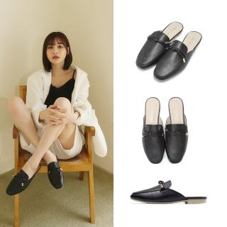【FUFA Shoes 富發牌】氣質綁結金飾平底穆勒鞋-黑 1PE64(女鞋/女懶人鞋/半拖鞋/通勤鞋)