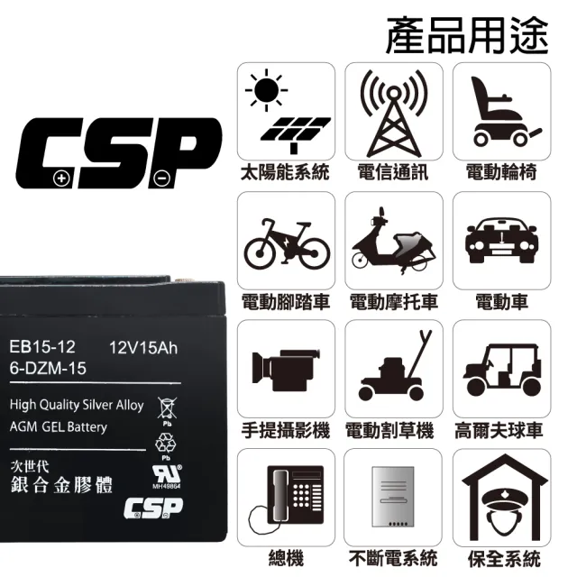 【CSP】EB15-12銀合金膠體電池12V15Ah(等同6-DZM-15.電動車電池.REC14-12)