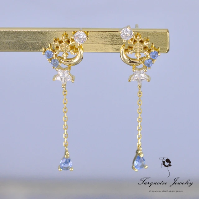 【Turquoise Jewelry】簡約氣質藍色鋯石聖誕雪花星月925銀鍍金耳環(tqsm0004)