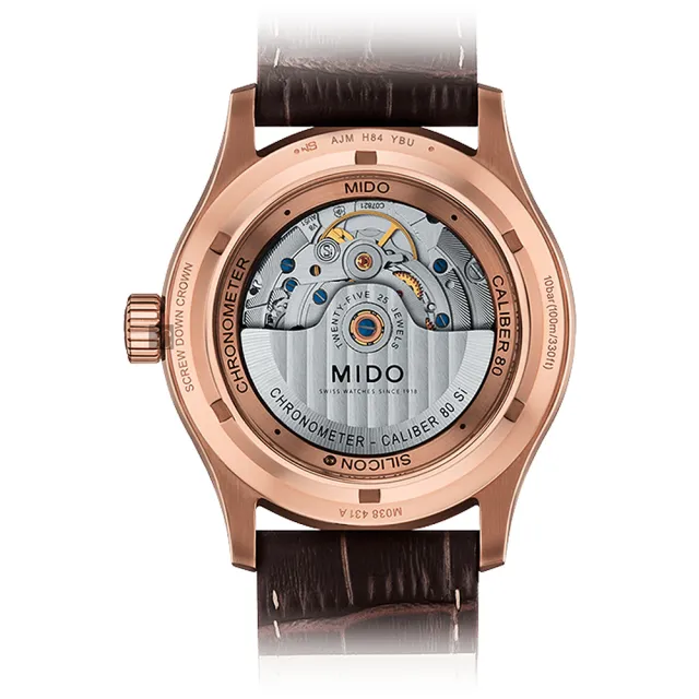 【MIDO 美度】官方授權 Multifort 先鋒系列80小時天文台矽游絲機械錶-玫塊金框x42mm(M0384313603100)