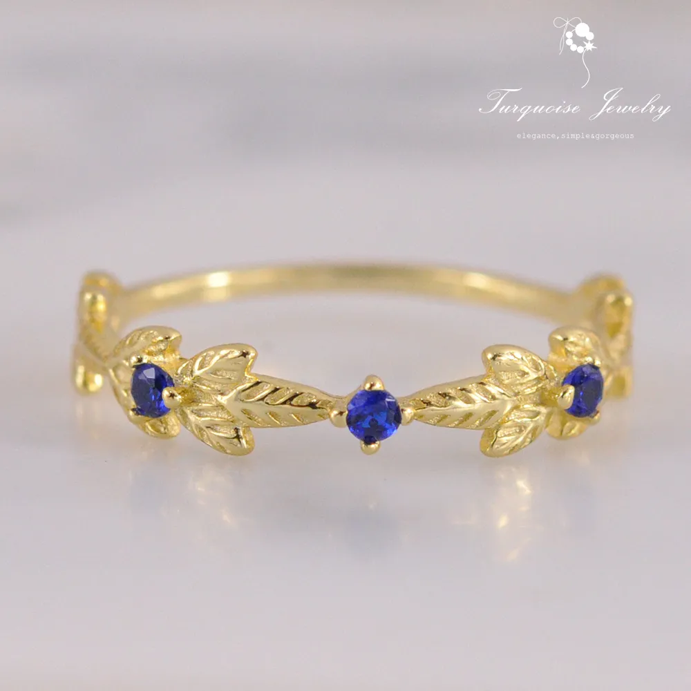 【Turquoise Jewelry】輕珠寶系列Vintage風橄欖葉藍鋯石S925銀鍍金戒指(tqst0002)