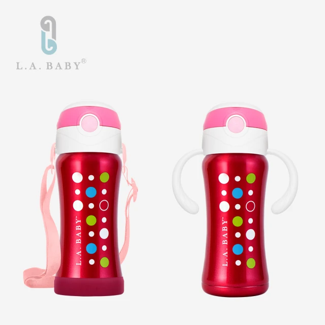 【L.A. Baby】超輕量保溫保冷雙層316不鏽鋼兒童揹帶保溫瓶水壺組(玫瑰紅)