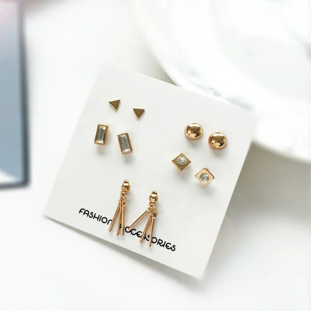 【Anpan】韓國幾何金屬小流蘇耳釘式耳環五件套組-金銀兩色