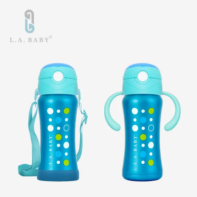 【L.A. Baby】超輕量保溫保冷雙層316不鏽鋼兒童揹帶保溫瓶水壺組(極光藍)