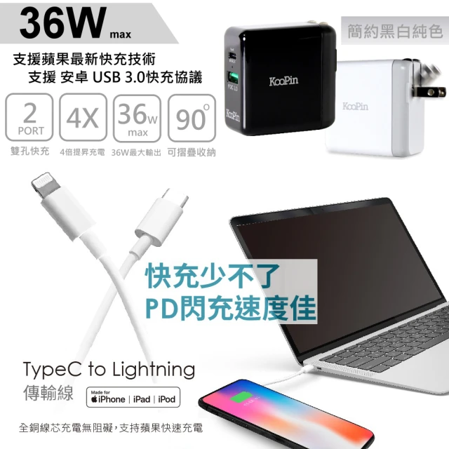 【KooPin】iPhone PD 閃電充電器36W+蘋果認證PD快充線