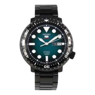 【SEIKO 精工】日製運動機械男錶 不鏽鋼錶帶 鍍黑X湖綠 防水100米(SRPC65J1)