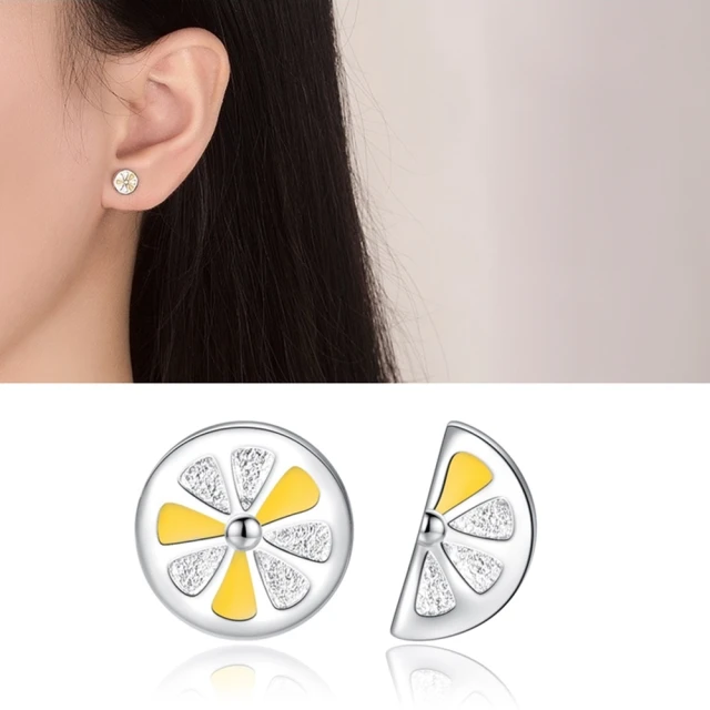 【Emi 艾迷】韓系可愛清新檸檬水果風鋯石微鑲 不對稱 925銀針 耳環
