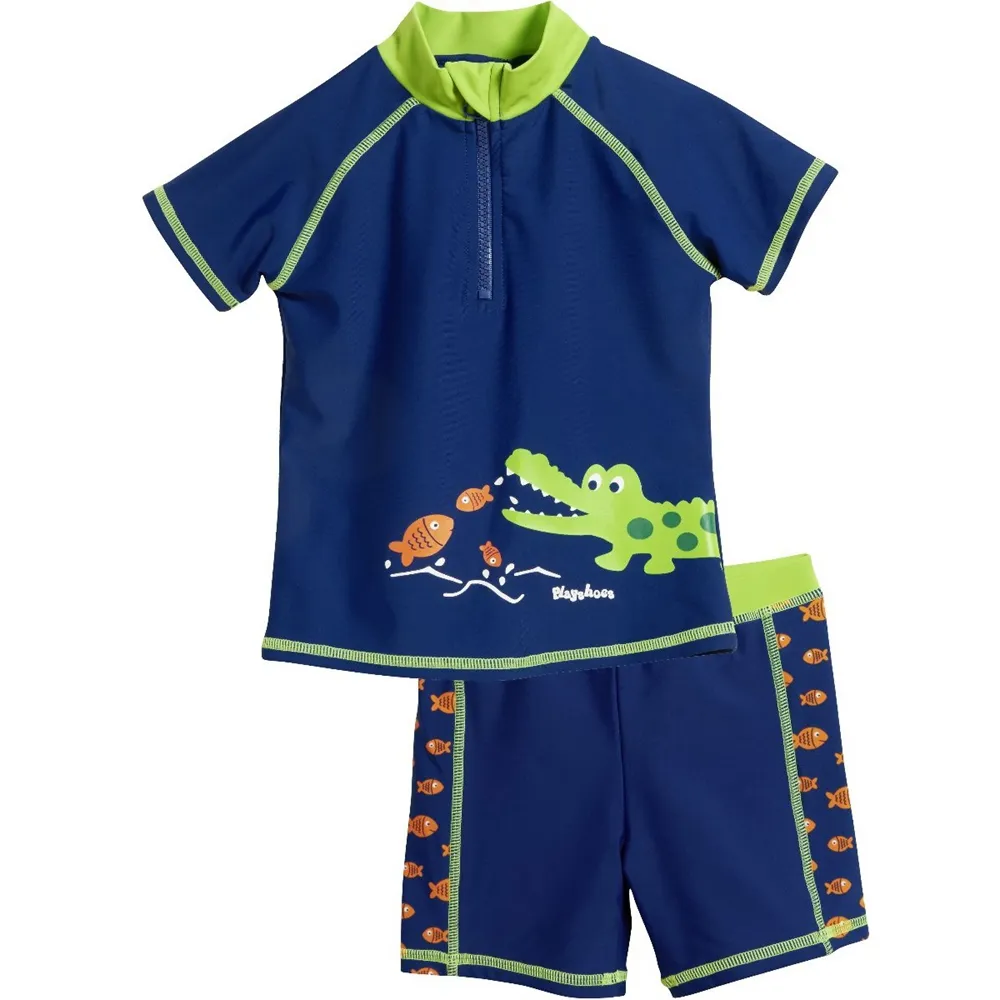 【德國Playshoes】抗UV防曬短袖兩件組兒童泳裝-鱷魚(認證UPF50 泳衣+泳褲)
