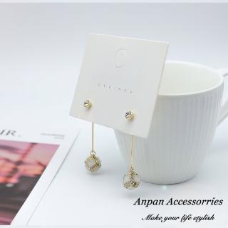 【Anpan】925銀針韓東大門奢華鑽石魔術方塊前後扣耳環