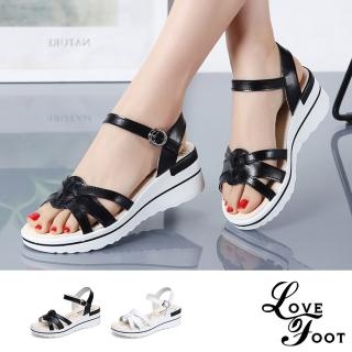 【LOVE FOOT 樂芙】真皮百搭縷空編織防水臺坡跟舒適涼鞋(2色任選)