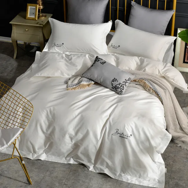 【Betrise】本白 純色系列 雙人頂級300織100%精梳長絨棉素色刺繡四件式被套床包組
