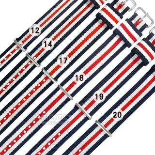 【Watchband】12.14.17.18.19.20 mm / DW 各品牌通用 不鏽鋼扣頭 尼龍錶帶(藍x白x紅)