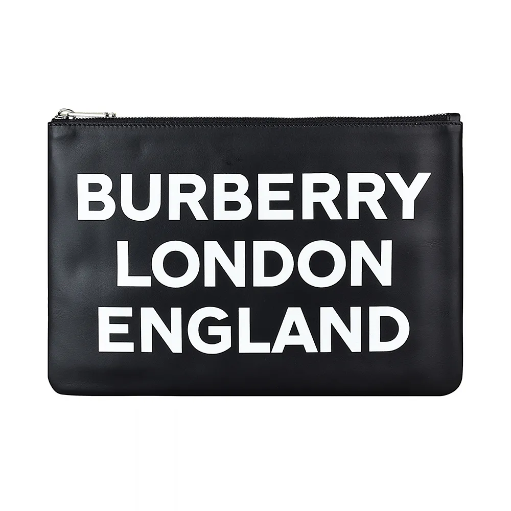 【BURBERRY 巴寶莉】BURBERRY白字LOGO牛皮6卡拉鍊手拿包(黑)