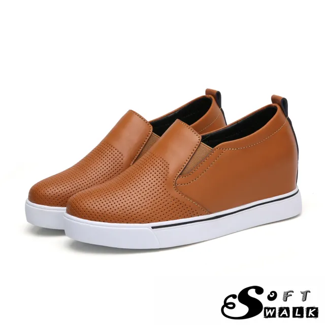 【SOFT WALK 舒步】真皮時尚沖孔造型內增高厚底休閒鞋(棕)