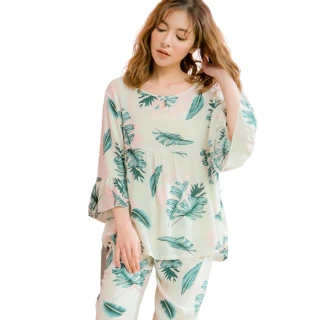 【lingling】PA4016全尺碼-滿版植物印花荷葉五分袖二件式睡衣組(個性淺淺綠)