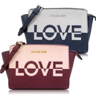 【Michael Kors】LOVE撞色防刮牛皮蝙蝠斜揹包(中/兩色選)