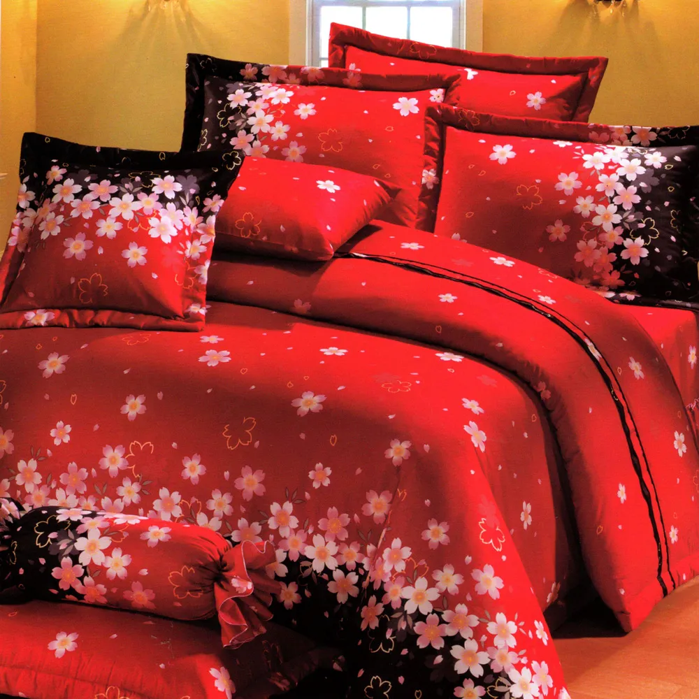 【ASHLYNA   愛希琳娜】精梳棉植物花卉六件式兩用被床罩組紅花(雙人)