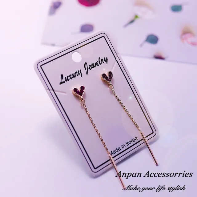 【Anpan】925銀針韓東大門粉紅桃心鑽垂墜線耳環