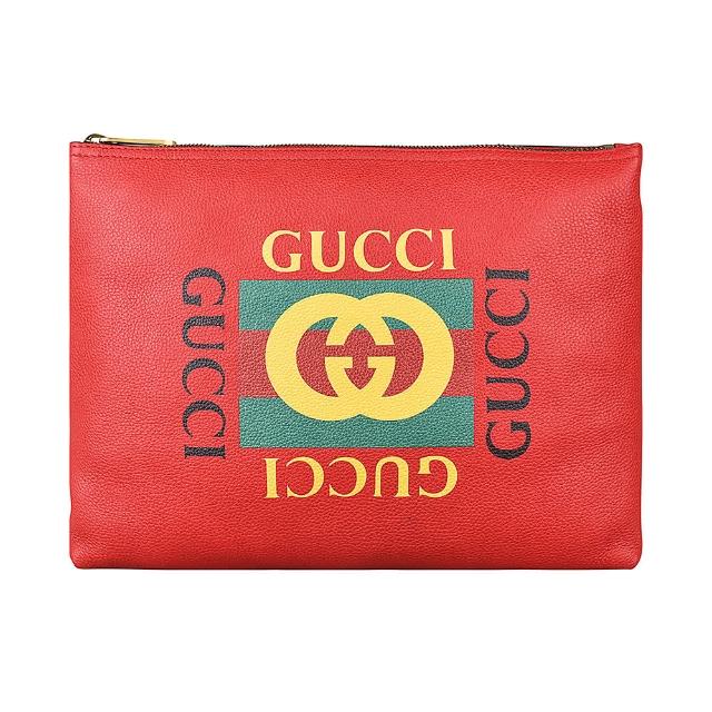 【GUCCI 古馳】GUCCI經典綠紅綠印花LOGO荔枝紋牛皮手拿化妝包(紅)