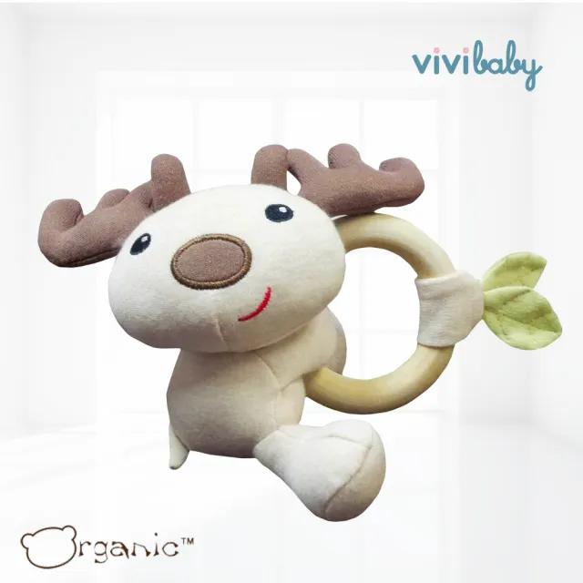 【Oragnic】有機棉麋鹿木環手握玩具(米咖)