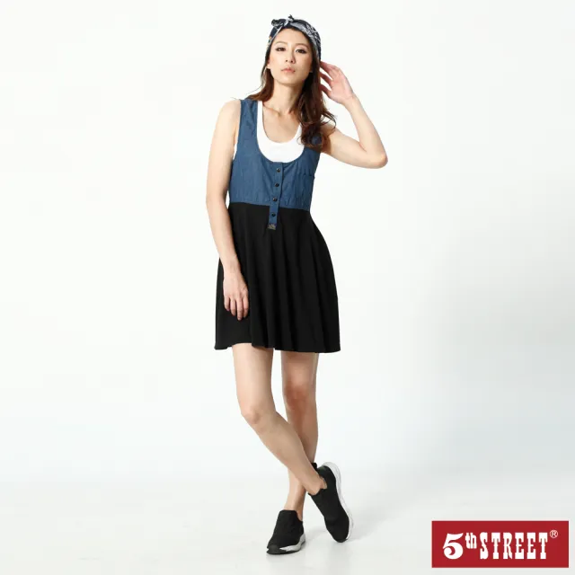 【5th STREET】女牛仔拼接洋裝-中古藍