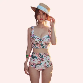 【TING BRA 婷姐內衣】女泳裝 兩件式 情侶泳衣 印花高腰兩件式泳衣(白花 M-XL)