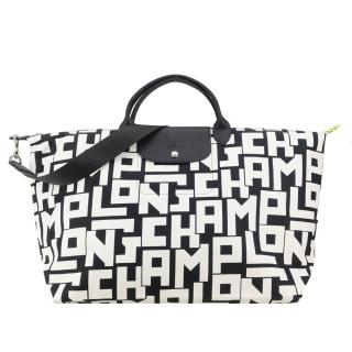 【LONGCHAMP】Le Pliage LGP系列滿版字母尼龍短把手提/斜背兩用水餃包(大/黑X白)