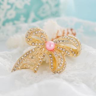 【Angel】金耀蝴蝶結水鑽珍珠胸針別針兩用(2色可選)
