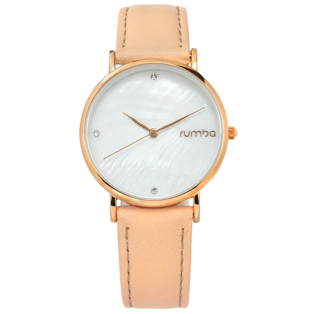 【rumba time】Lafayette 紐約品牌 珍珠母貝晶鑽 真皮手錶 銀白x玫瑰金框x粉膚 32mm(RU27747)