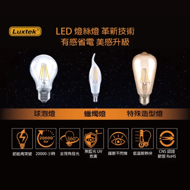 【Luxtek樂施達】買四送一 愛迪生LED復古燈泡 透明燈罩 全電壓 6.5W E27 黃光 5入(LED燈 仿鎢絲燈 工業風)