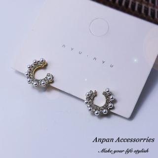 【Anpan】925銀針韓東大門珍珠閃鑽半圓耳環