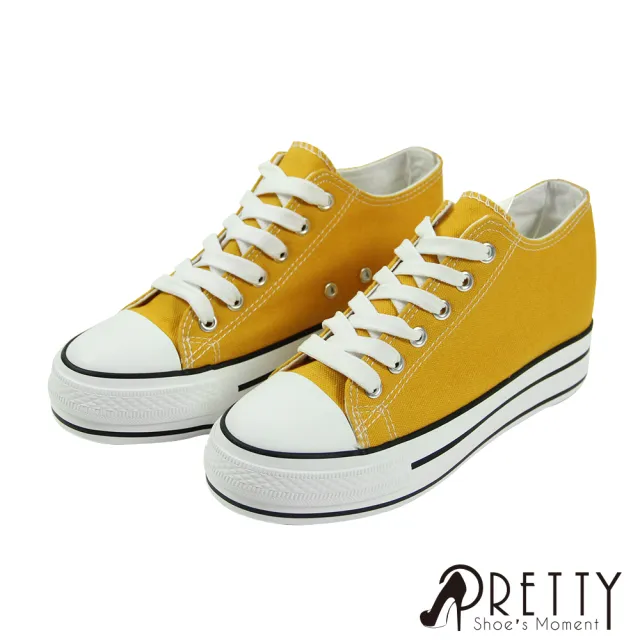 【Pretty】女 厚底休閒鞋 帆布鞋 內增高 綁帶(黃色、白色、黑色)
