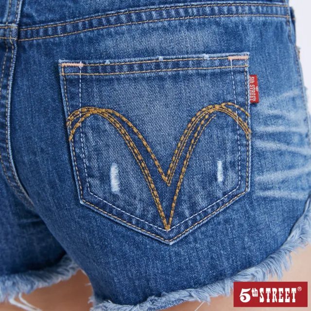 【5th STREET】女復古抽鬚熱褲-中古藍