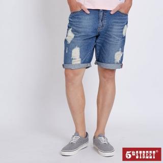【5th STREET】男印花補釘短褲-中古藍