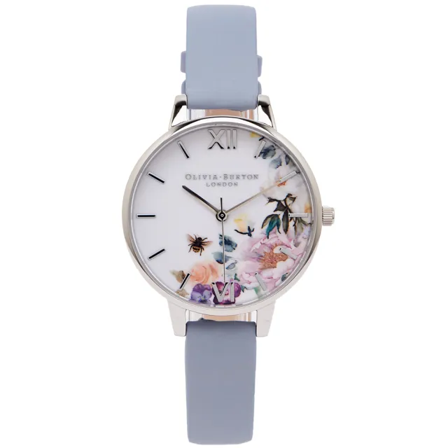 【Olivia Burton】花樣年華風采皮革手錶-白面X粉藍色/34mm(OB16EG114)
