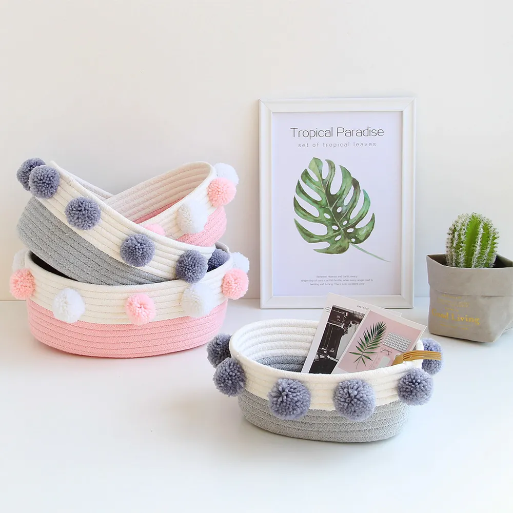 【收納職人】簡約北歐ins風棉線毛球編織裝飾置物籃/收納籃_彩色/粉色/灰色-小(收納袋 收納籃 收納用品)