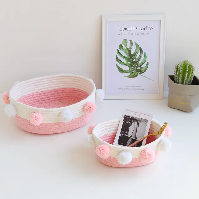【收納職人】簡約北歐ins風棉線毛球編織裝飾置物籃/收納籃_彩色/粉色/灰色-小(收納袋 收納籃 收納用品)