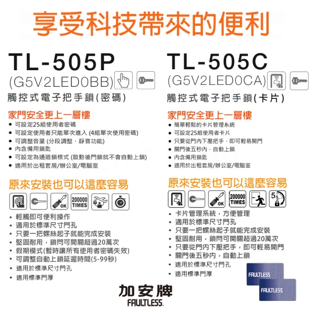 【FAULTLESS 加安牌】TL-505P 觸控式密碼水平把手電子鎖 G5V2LED(卡片感應)