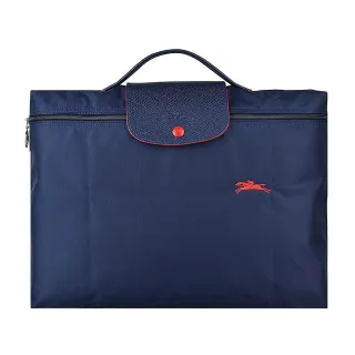 【LONGCHAMP】LONGCHAMP COLLECTION系列刺繡標誌尼龍摺疊款拉鍊公事包(海軍藍x紅)